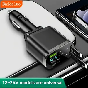 Fast charging 5-in-1 (USD+C+PD ports) car cigarette lighter digital display adapter The angle can be adjusted With telescopic cord length max 700mm