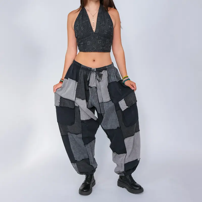 Karma Nepal Crafts Earthy Patchwork Baggy Cotton Pants Denim Look Comfy Unisex Multi Pocket Boho Hippie Style Handmade Streetwear Bohemian Goth Vibe Trousers
