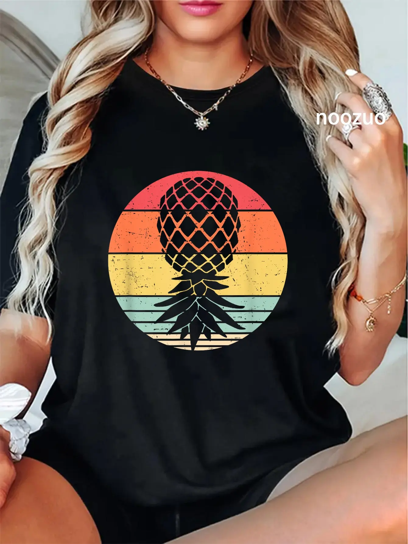 Women's 100% Cotton Loose-Fitting Round Neck Short-Sleeve Graphic Tee - Vintage Retro Upside Down Pineapple Print, Streetwear, Cute Colorful Style, Wide Range of Sizes, Tops, Tshirt, Everyday