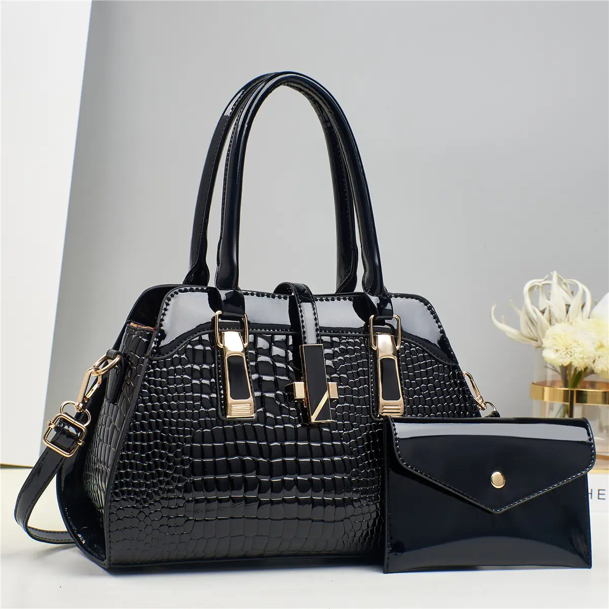 Luxury Crocodile Pattern Ladies Handbag Set Large Capacity Tote With Removable Shoulder Strap Zip Top Design Everyday Use Thanksgiving Gift For Women