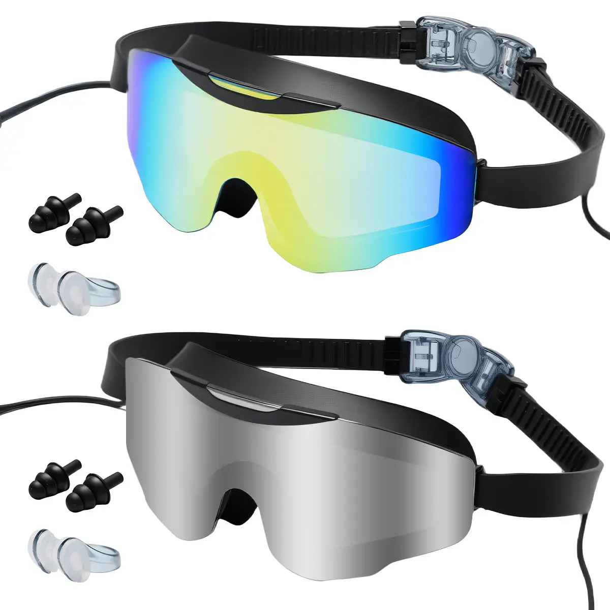 Adults' Soft Silicone Swimming Goggles - Goggles for Swimming with HD Lens, Large Frame Wide View, Leak-Proof, Fog-Resistant, UV Protection, High Elasticity Adjustable Strap, Built-in Anti-Fall Earplugs, Extra Nose Clip & Ear Plug Set, Anti-Fog