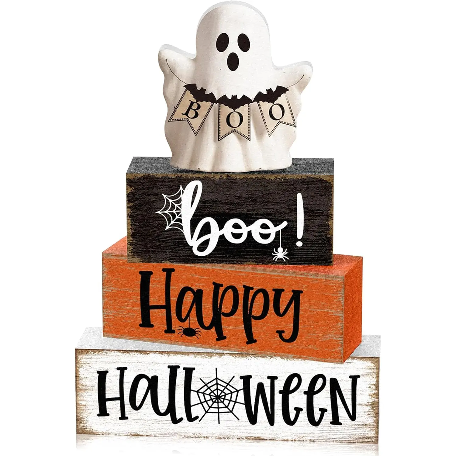4 Pcs Wooden Table Decorations Rustic Signs Tiered Tray Decor Wood Farmhouse Vintage Ornaments Gift Centerpiece Tabletop Decor for Entryway Home Desk Room (Halloween Spider)
