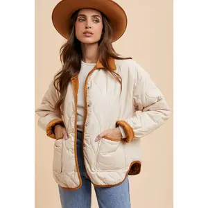 Women's Reversible Quilted Jacket - Minimalist Casual Style with Nylon Material and Long Sleeves - Collar