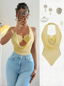 Elegant Women's Backless Bodycon Jumpsuit, Textured Halter Neck Sleeveless Design, Fashionable Slim Fit Two-Piece, Perfect for Parties & Events, Womenswear