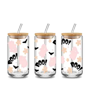 Pink Ghost Bat & "BOO!" Design 16oz Glass Can Cup with Lid and Straw, Reusable Glass Drinking Cup, High-Quality Glass Jar for Iced Coffee, Juice, Milk, Cold Drinks, Kawaii Halloween Fashionable Glassware, Perfect Gift for Pink Halloween Lovers