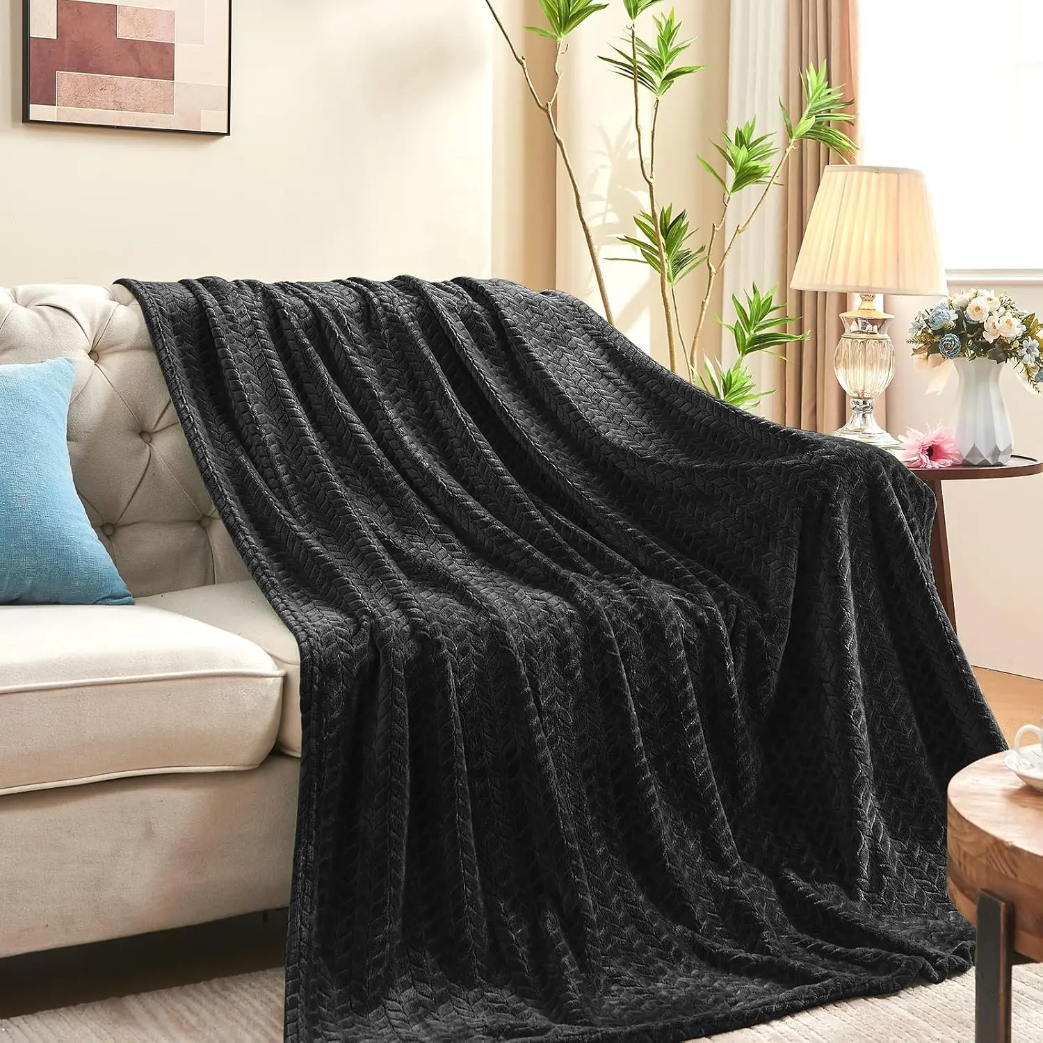 Super Flannel Blanket for Adults & Elderly, Black Twin (60x90 in) - Durable Jacquard Weave, Lightweight Lint-Free Fuzzy Leaf Pattern, Warm Plush for Couch - Teal, Sage Green, Light Blue Options, Traditional, Machine Wash