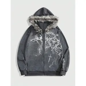 Gothic style spring casual pattern men's autumn cross-print zip-up faux fur hooded casual sweatshirt, long-sleeved top
