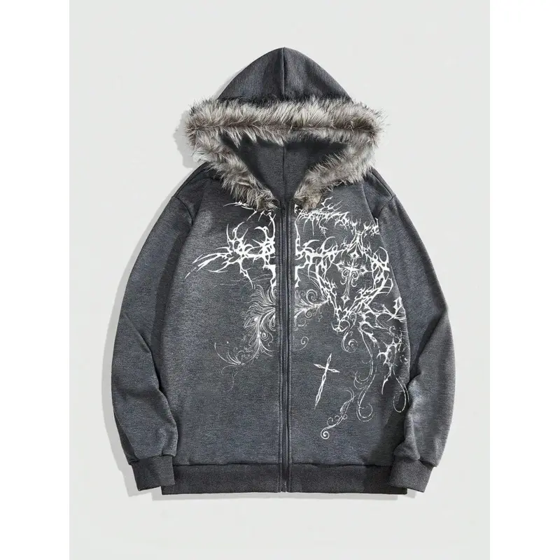 Gothic style spring casual pattern men's autumn cross-print zip-up faux fur hooded casual sweatshirt, long-sleeved top