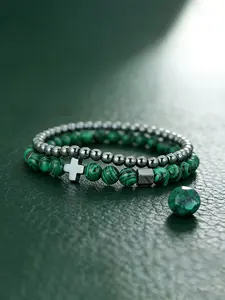 Punk Hematite Cross Bracelet Set, Unisex Stackable Howlite Turquoise Elastic Jewelry, Handmade Charm Couple Gift, 2 Piece Set