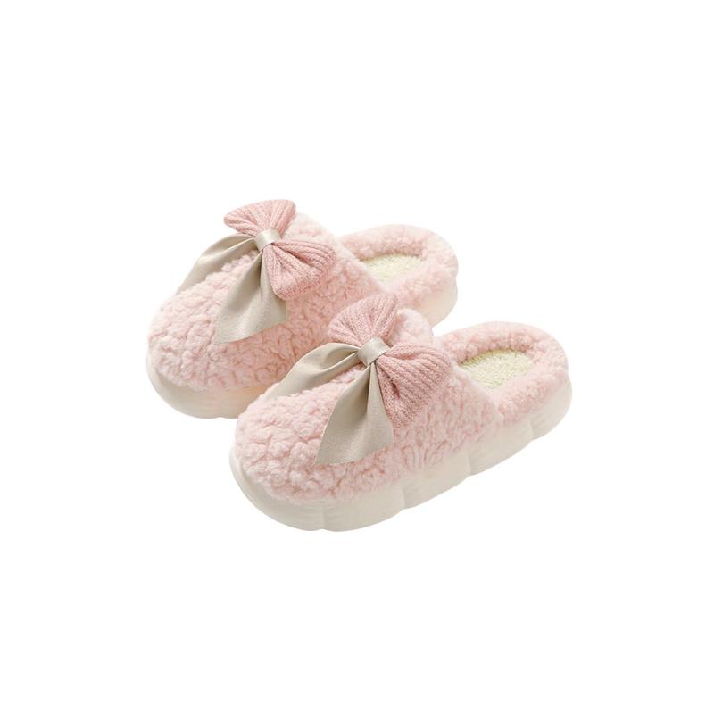 White Contrast Bowknot Applique Plush Winter Slippers