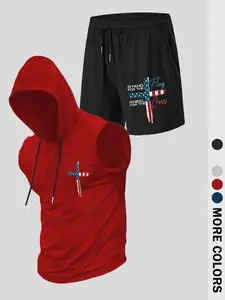 Men's Stand for Our Flag American Flag Cross Two-Piece Set, Patriotic Faith Street Style, Casual Sleeveless Fitted Tee