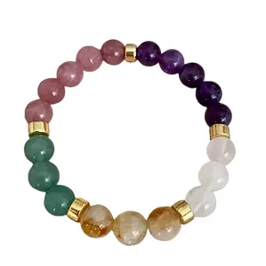 Prosperous Wealth Multi-Gemstone Bracelet - Natural Crystals for Abundance Money & Prosperity with Rhodonite Amethyst Green Aventurine Rose Quartz Golden Rutilated Quartz Gold-Toned Accents