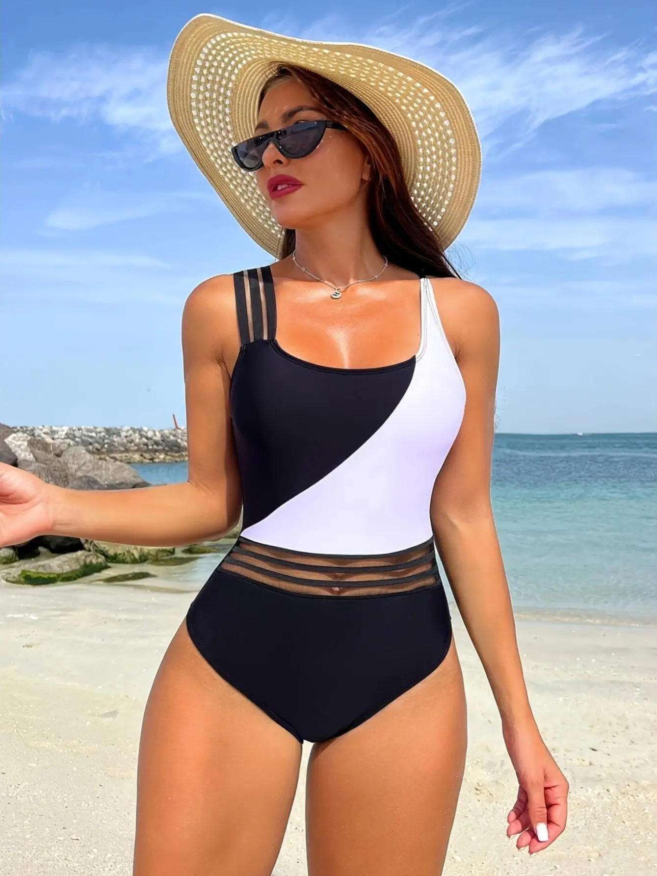 Women's 1-Piece Swimsuit - Sexy Mesh Splicing, Black-White Contrast Bathing Suit for Swimming, Hot Spring (Sports & Outdoor Swimwear), One Piece