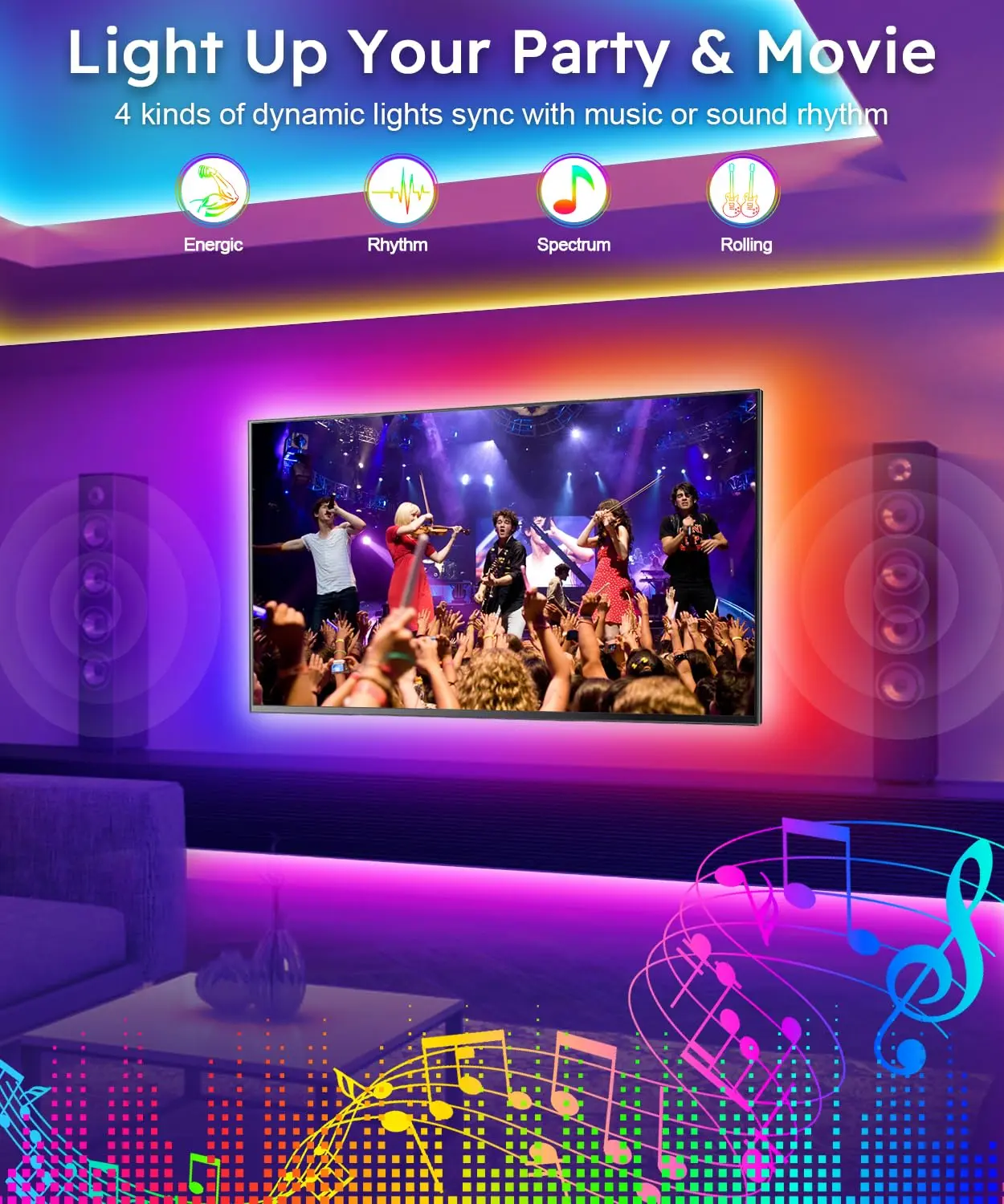 Smart LED Strip Lights for 55-75 inch TVs with Music Sync, 16.4ft ICRGB Backlight for Room Decor and Apartment Decor
