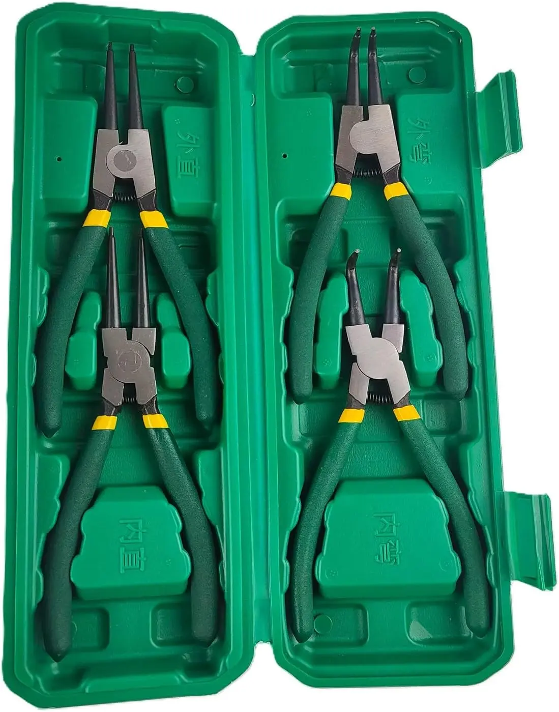 Professional Heavy Duty Inner & Outer Snap Ring Pliers 4-Piece Set, 7-Inch Straight & Curved Mouth, Metal Tools with Storage Box for Disassembly and Fixation, Detailed Work