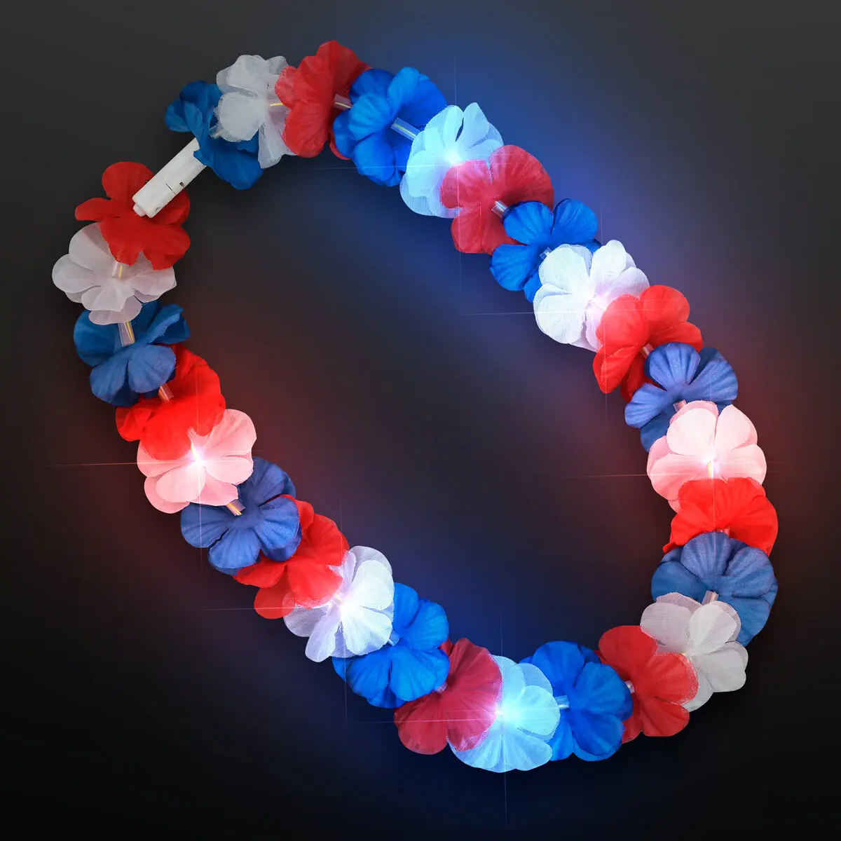 Red White & Blue LED Flower Lei Light Up Necklaces (Set of 12)