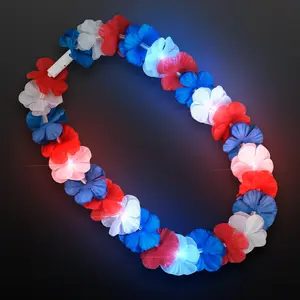 Red White & Blue LED Flower Lei Light Up Necklaces (Set of 12)