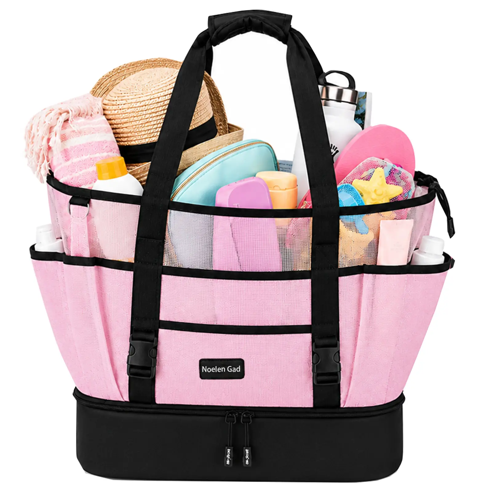 Mesh Beach Tote with Insulated Cooler Compartment Removable Picnic Bag with Zipper and Pockets Women's Pool Bag (Pink)