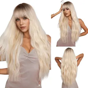 【Flash Sale】SummerVibes Blonde Wig with Bangs  Wavy Curly Ombre Blonde Wig Natural Looking Synthetic Heat Resistant Hair Wigs for Daily Party Wig 26 Inches Ombre Long Hairstyles Taper Fade Body Wavy Wigs Loose Wave Wigs