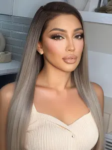 3-Color Gradient Gray 13x4 Lace Front Wig, Pre-Plucked Hairline Long Straight Gray Platinum Blonde Synthetic Lace Front Wig, Suitable for Women 28 Inches Lace Frontal Wigs