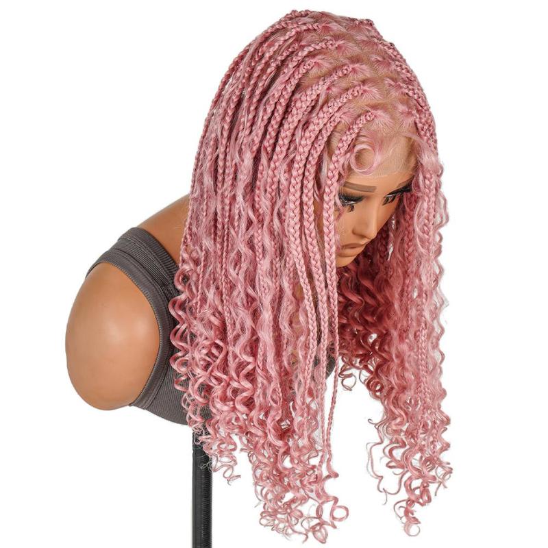 SuperNova #Pink Color 16" Full Lace Bohemian Box Braided Wig - Premium Synthetic Fiber, Natural Look, Lightweight & Comfortable for Daily Wear, Perfect for Trendy Hair Transformations