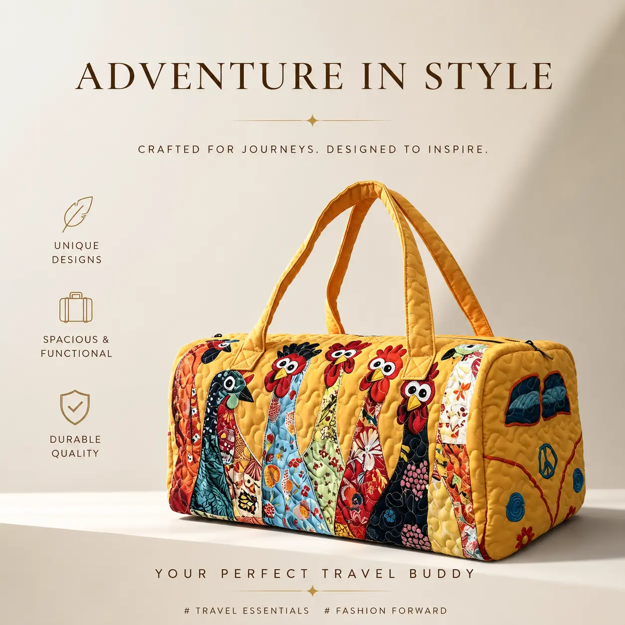 Six chicks Boho Quilted Weekender Bag VintagePatchwork Travel Duffel Bag, Large Capacity Carry OnOvernight Tote Bag