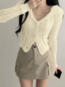 New Arrival Hooded Knit Cardigan for Women, Short Hollow Out Sweater Coat, Casual Fitted Style for Spring & Fall Seasons