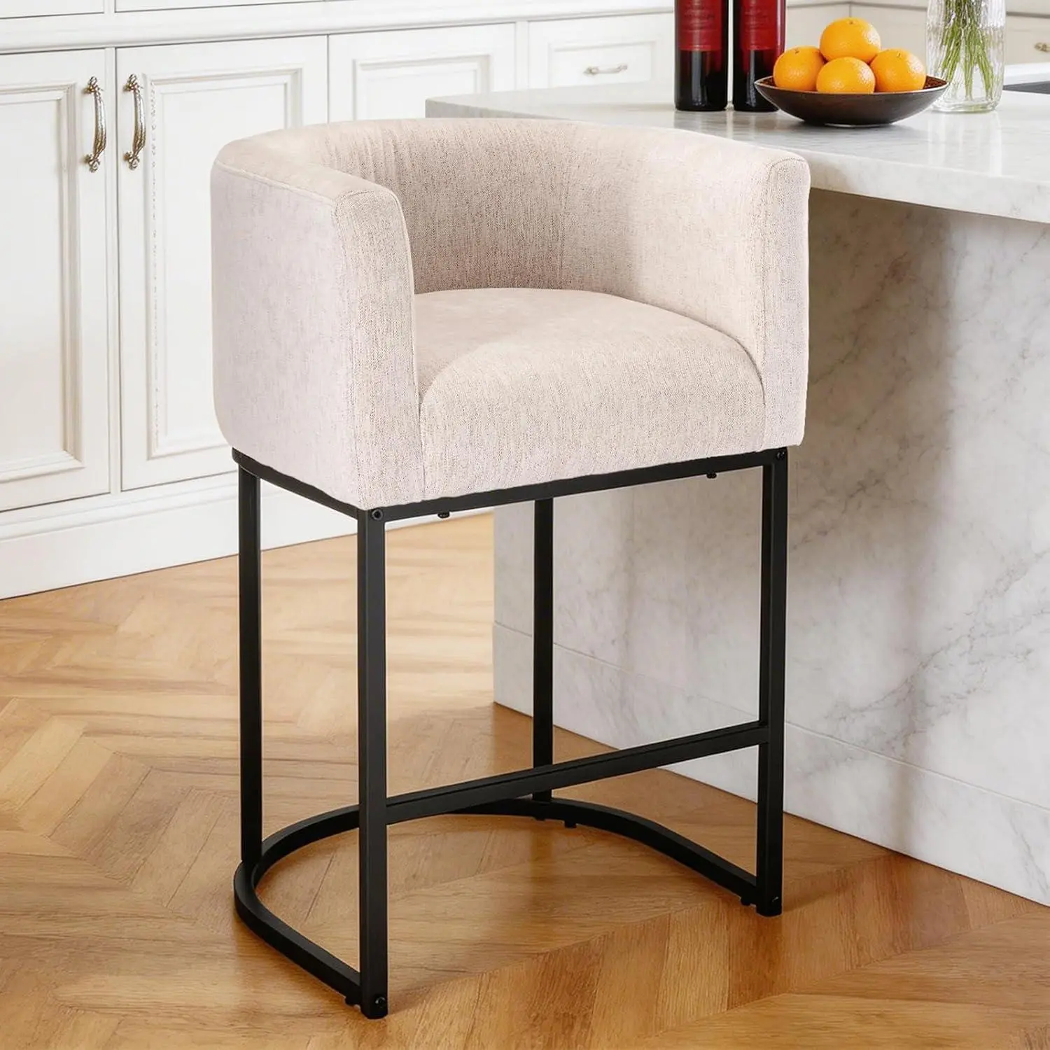 Linen Fabric Bar Stools with High-Density Sponge Cushion, Counter Height Barstools for Kitchen Island, 350 lbs Capacity ErgonomiC Barrel Design