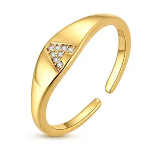MULA 14K Gold-Plated Letter Ring – 925 Sterling Silver Adjustable Opening Signet Ring, set with cubic zirconia, featuring a thick, domed design, making it the perfect gift for girls and ladies.