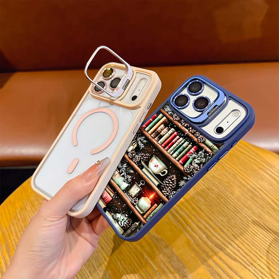 TPU Shockproof Transparent Phone Case with Orange Lens Bracket, Vintage Christmas Bookshelf-Books-Teacup-Candle Print, Fashion Versatile Protective Cover for Multiple iPhones (17 Pro Max,16,16 Plus,15,14,13,12), Ideal Holiday Gift