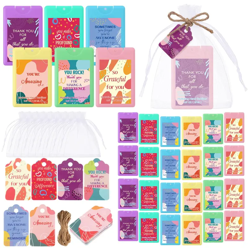 Christmas Hydrating Hand Sanitizer Spray 0.67oz (20ml) ,Bulk 12/24 Sets Mist Portable Hand Sanitizer with Positive Sayings Gifts Cards & Clear Organza Bags, Fruity Scent Thank You Gifts for Teacher Camp Counselor Church volunteer Gifts Kids group favors