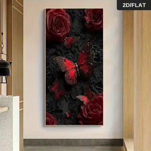 1Pcs Red Rose and Butterfly Frameless Canvas Wall Art Modern Living Room Corridor Bedroom Dining Room Background Wall Hanging Painting Wall Art