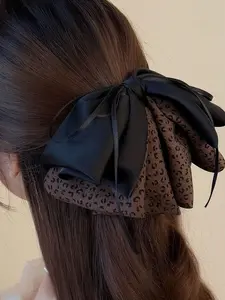 Vintage Bow Leopard Satin Butterfly Tail Clip, Luxurious Fashion Hair Accessory, Elegant Ponytail Holder, Back of Head Hair Claw