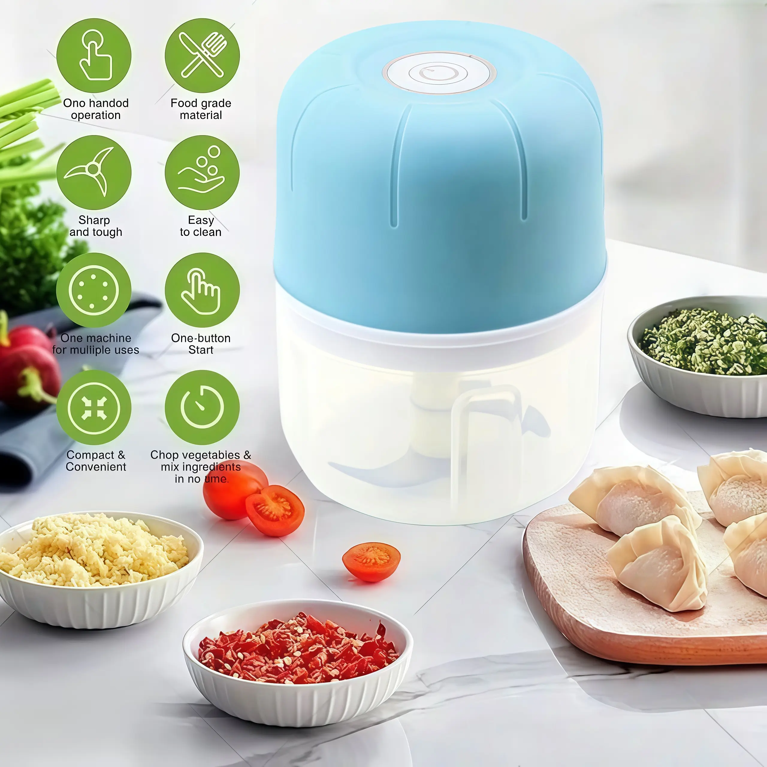 Mini Wireless 3-Blade Food Chopper - 12oz Electric Blender Processor, Compact & Convenient Multi-Use Kitchen Utensil with Garlic Press, Chop Vegetables & Mix Ingredients in No Time for Onions, Fruits, Barbecue Prep