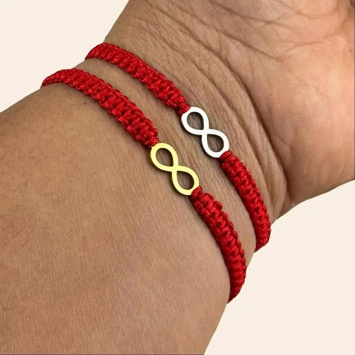 Set of 2 Yarn Woven Macrame Bracelets in White and Gold Steel with Infinity Charm