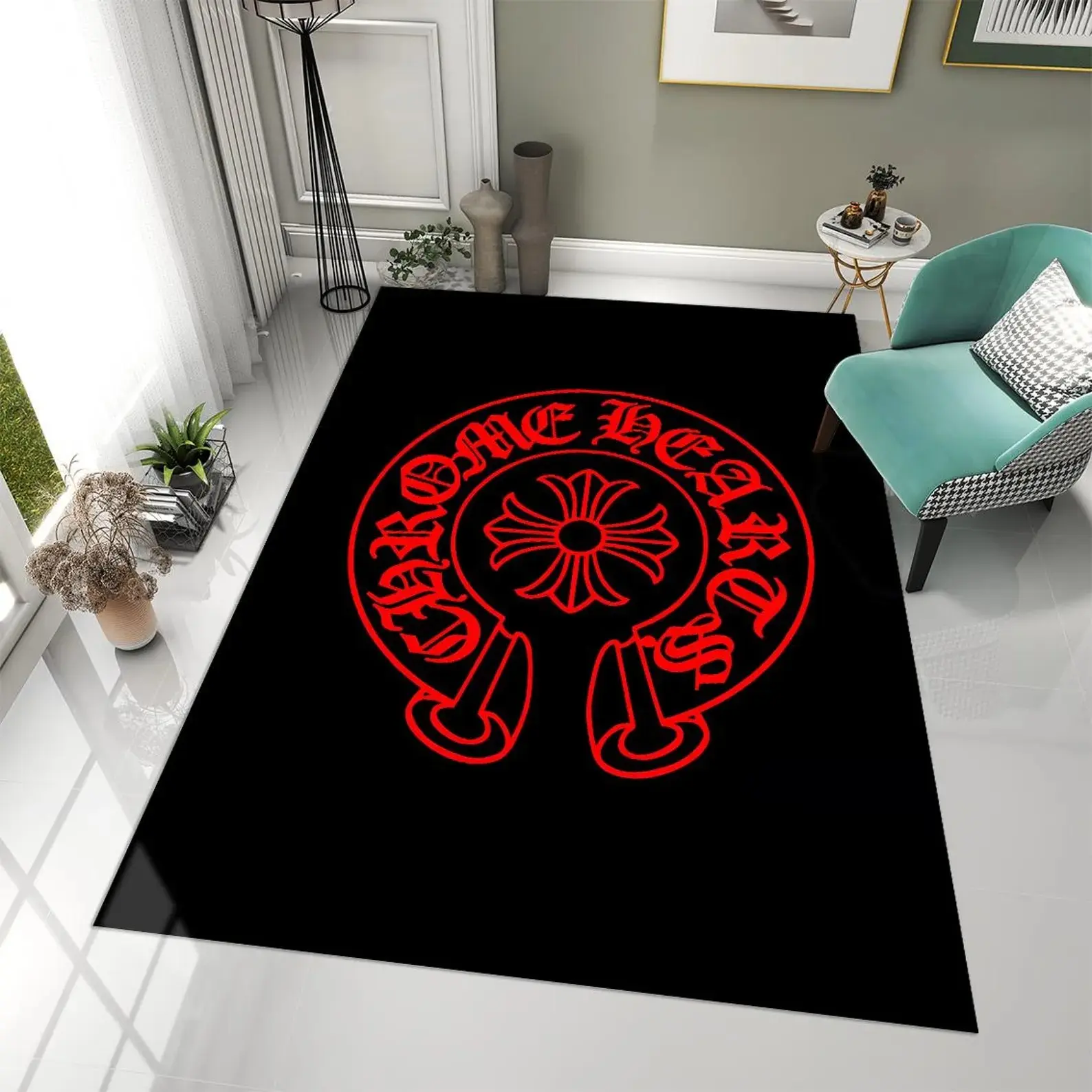 Gothic Horseshoe Red and Black Area Rug, Chrome Hearts Inspired Hypebeast Carpet, Dark Academia Man Cave Decor, Cool Edgy Bedroom Rug