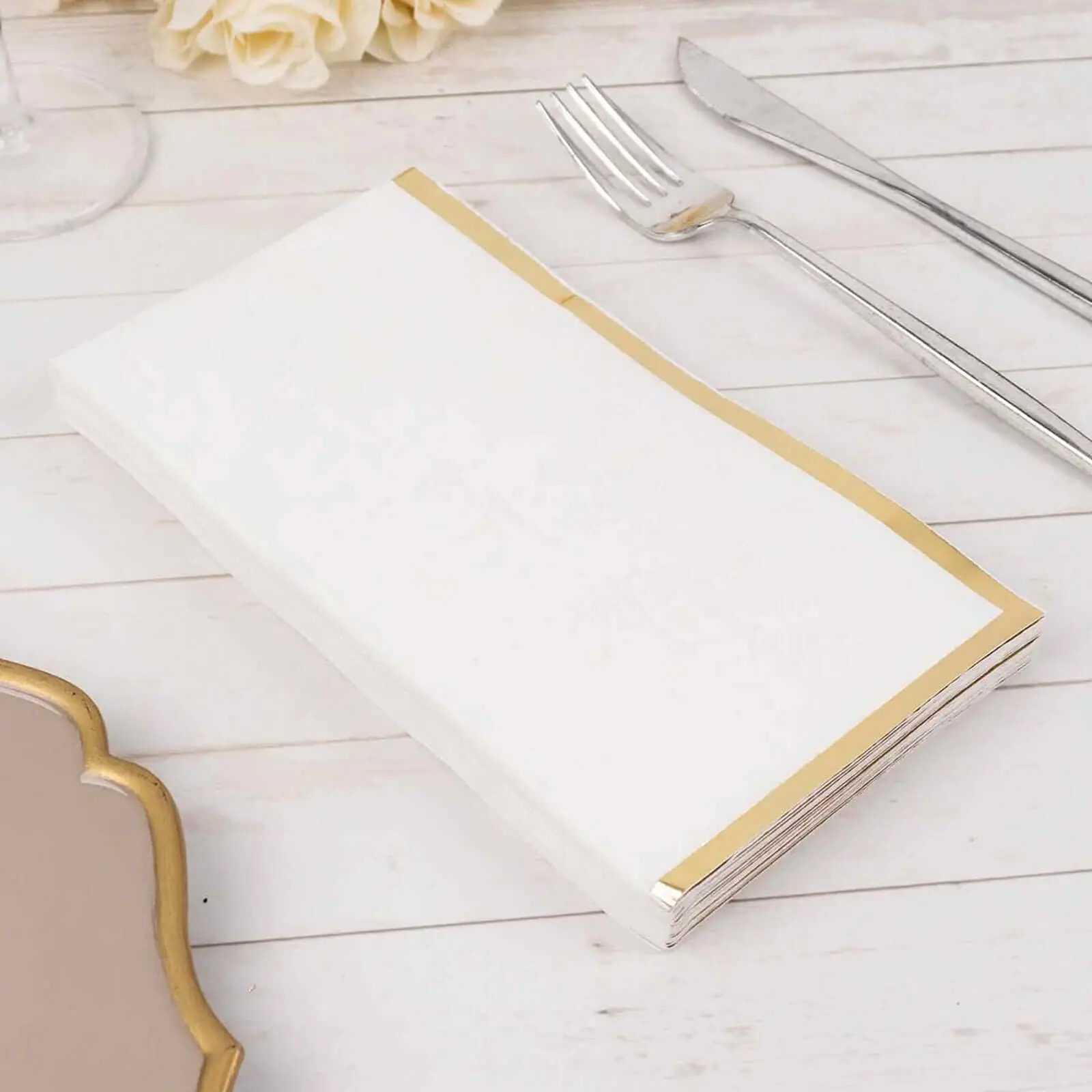 50-Pack Decorative Disposable Paper Dinner Napkins - 2-Ply White with Gold Foil Edge, Soft Home & Party Disposable Tableware for Events, Decorative Paper Napkins