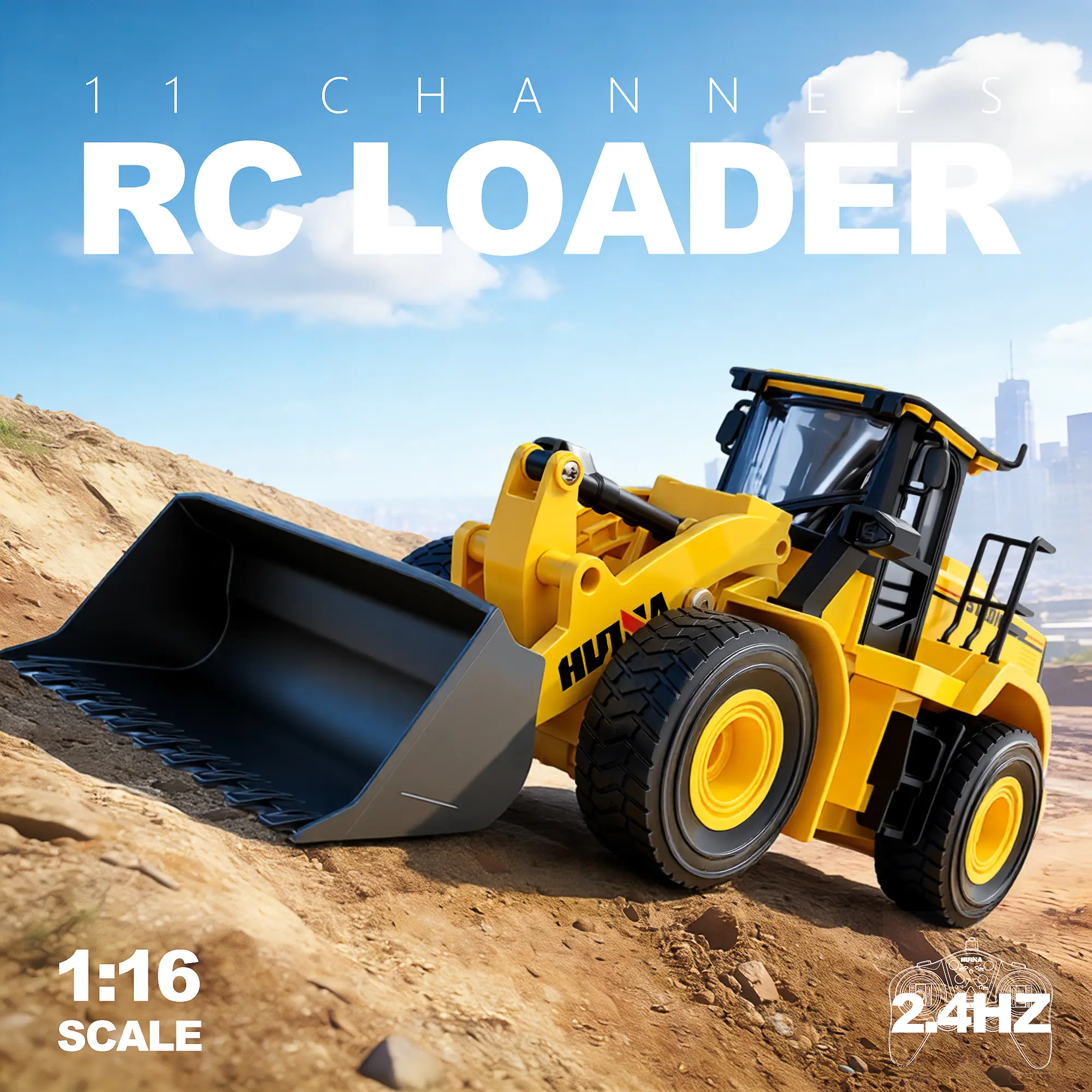 Huina 1552 Remote Control Loader — 1:16 scale, supports 2.4 GHz frequency, sound and light effects, 11-channel remote control front-mounted engineering vehicle toy (equipped with a metal bucket).