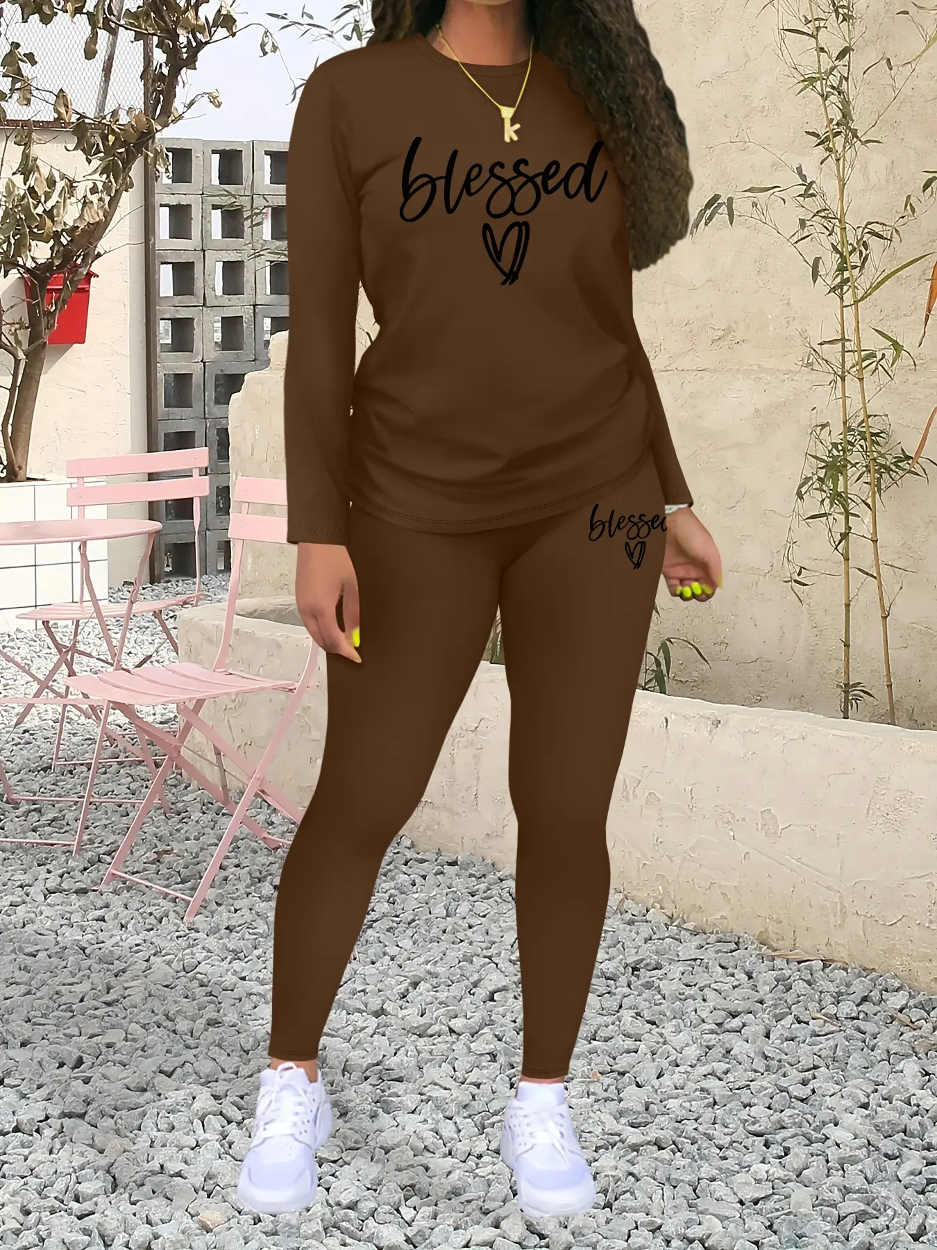 Women's Blessed Letter Print Casual Sportswear Set, Fashionable Long Sleeve Top & Tight Pants, Fall & Winter Fitted Tee, Activewear Clothing, Workout Set, Sweatsuit Sets, Yoga Clothes Set, Casual Sportswear Outfit