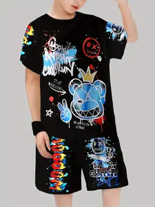 Boys' Summer Streetwear Cartoon Print Short Sleeve Set, Casual Fitted Two-Piece with Collar, Trendy Bear Graphic Tee & Shorts