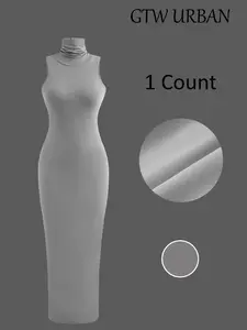 Women's Solid Color Ribbed Turtleneck Tank Dress, Minimalist Casual Sleeveless Long Dress for Summer, Women's Clothing for Daily Wear