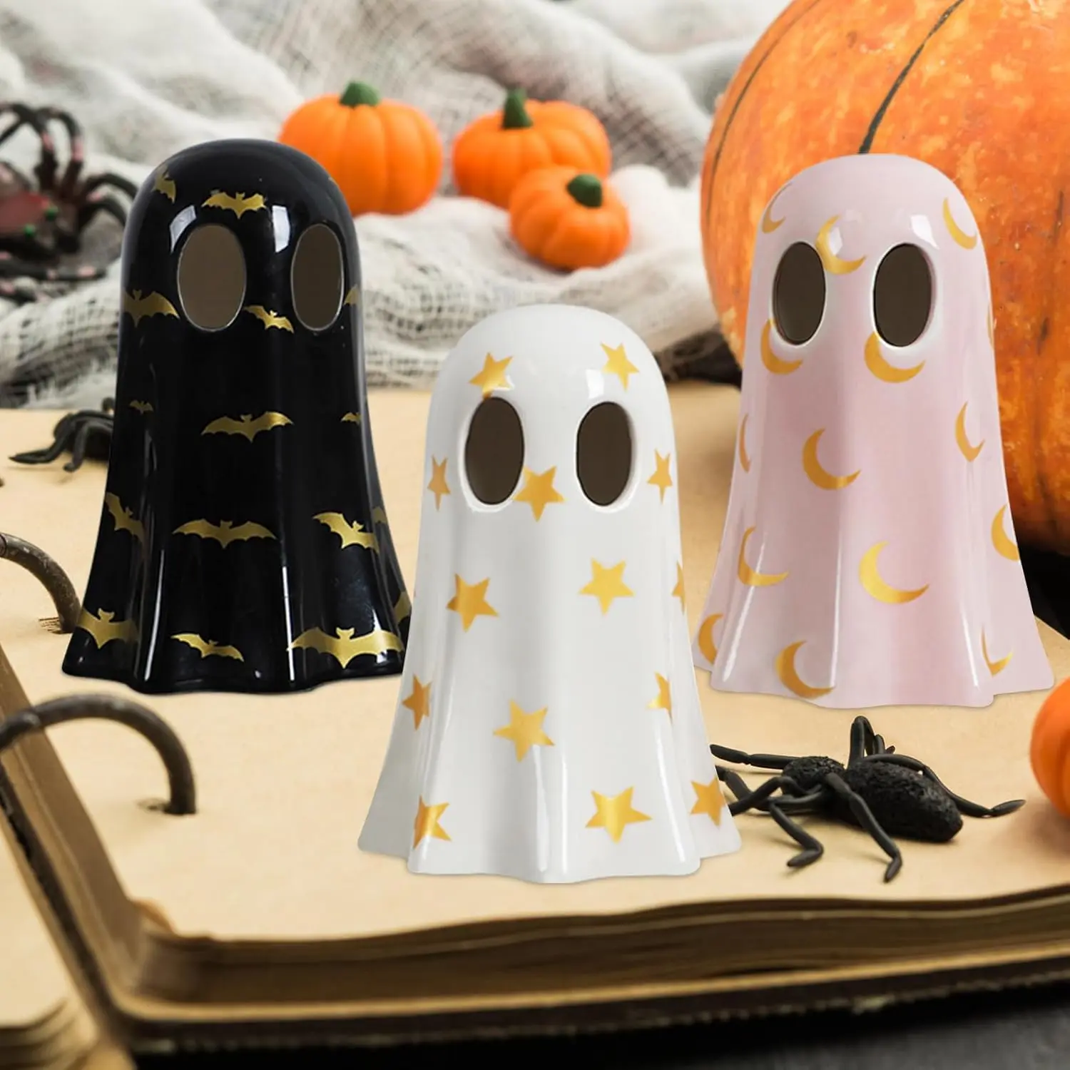 Halloween Decor Indoor, Set of 3 Ceramic Ghosts with Witch Hats, Cute Spooky Ghost Figurines for Mantel, Shelf & Tabletop Decor, Halloween Decorations