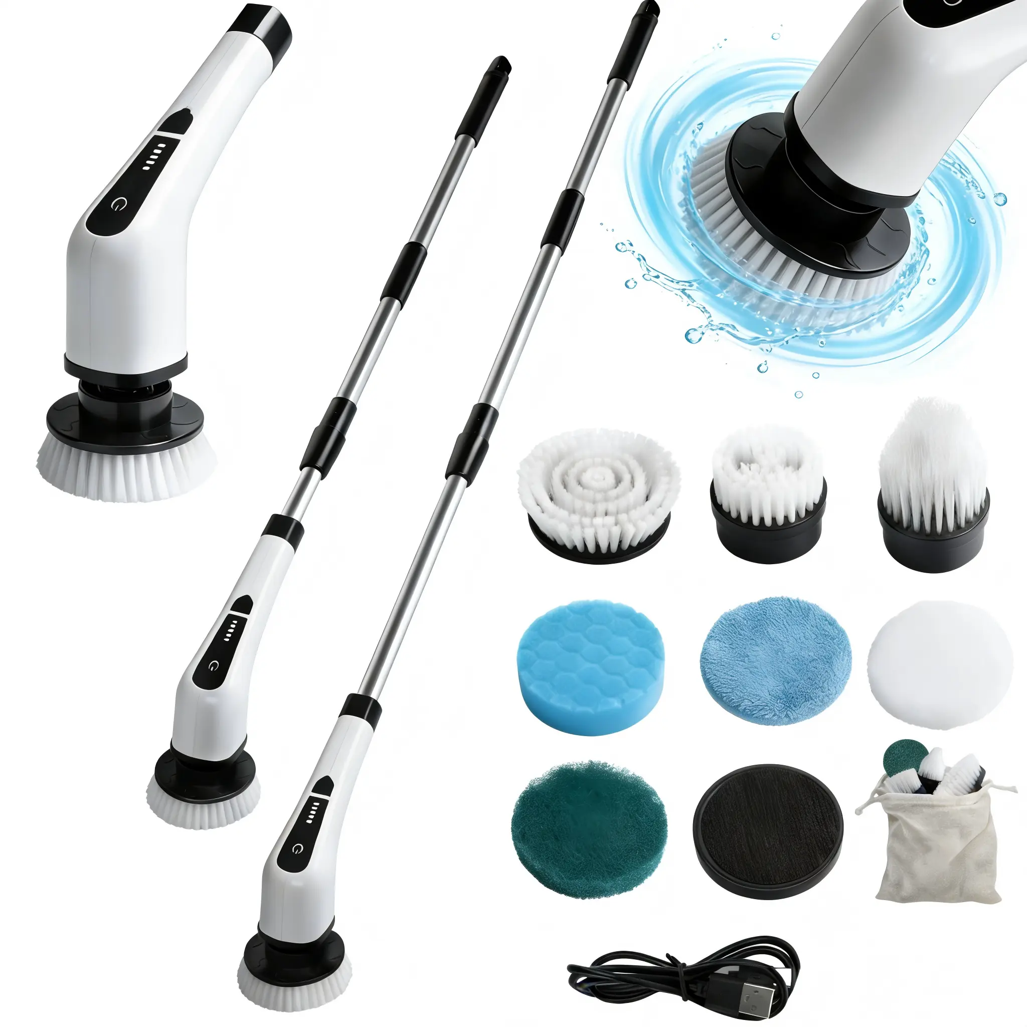Electric Spin Scrubber, Cordless Power Scrubber with 9 Brush Heads, 5-Speed USB Rechargeable Cleaning Brush with Long Handle for Shower, Tub, Tile, Grout & Bathroom Deep Cleaning