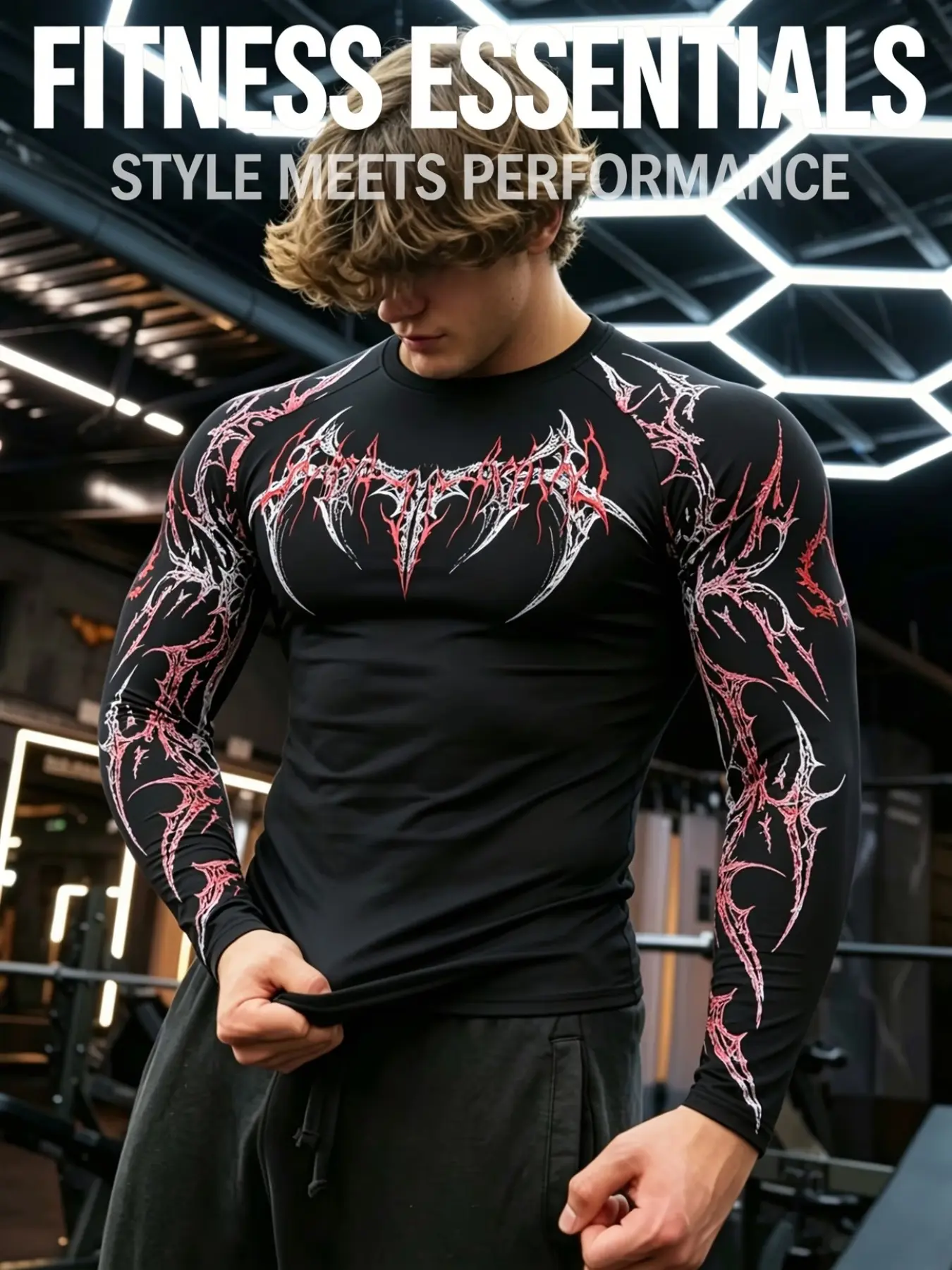 Men's European Style Fitness Clothing Long Sleeve Crewneck Workout Tops, Dark Thorn Print Slim Fit, High Elasticity Quick-Dry Breathable Fabric, Ideal for Gym Training, All Seasons Activewear