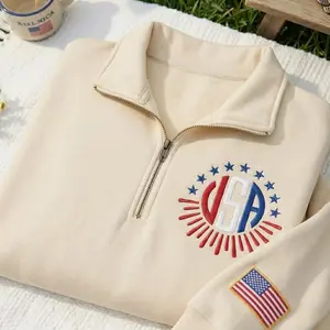 Embroidered Stars and Stripes USA Frame Quarter Zip Sweatshirt, USA Flag Patch Shirt, We The People Crewneck, Patriotic Gift