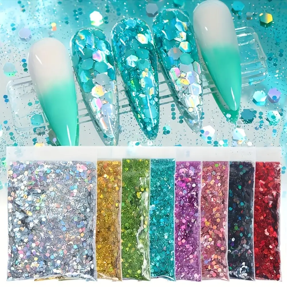 8-Pack 40g Hexagonal Holographic Plastic Sequins, Hand-Colored Epoxy Resin Filling Craft Supplies for DIY Handmade Projects, Ideal for Jewelry Design, Nail Decoration, 8 Packs/40 Grams