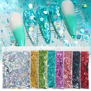 8 packs of hexagonal holographic sequins - nail decoration, DIY handmade decoration, bright epoxy resin filling, hand coloring, very suitable for designing necklaces and bracelets, craft supplies, plastic material