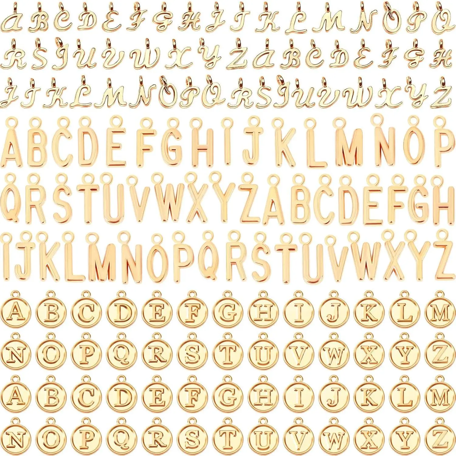Letter Charms, 156 count/6 Sets Alphabet ABC Letter Charms 3 Styles Capital A-Z Charms DIY Bracelet Necklace Pendants with 200 count Open Jump Rings for Jewelry Making, KC Gold