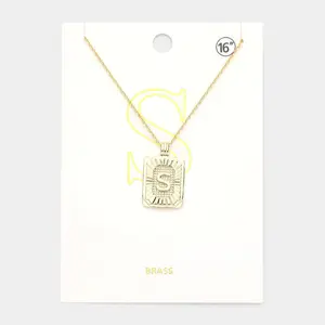 -S- Brass Metal Rectangle Initial Monogram Pendant Necklace