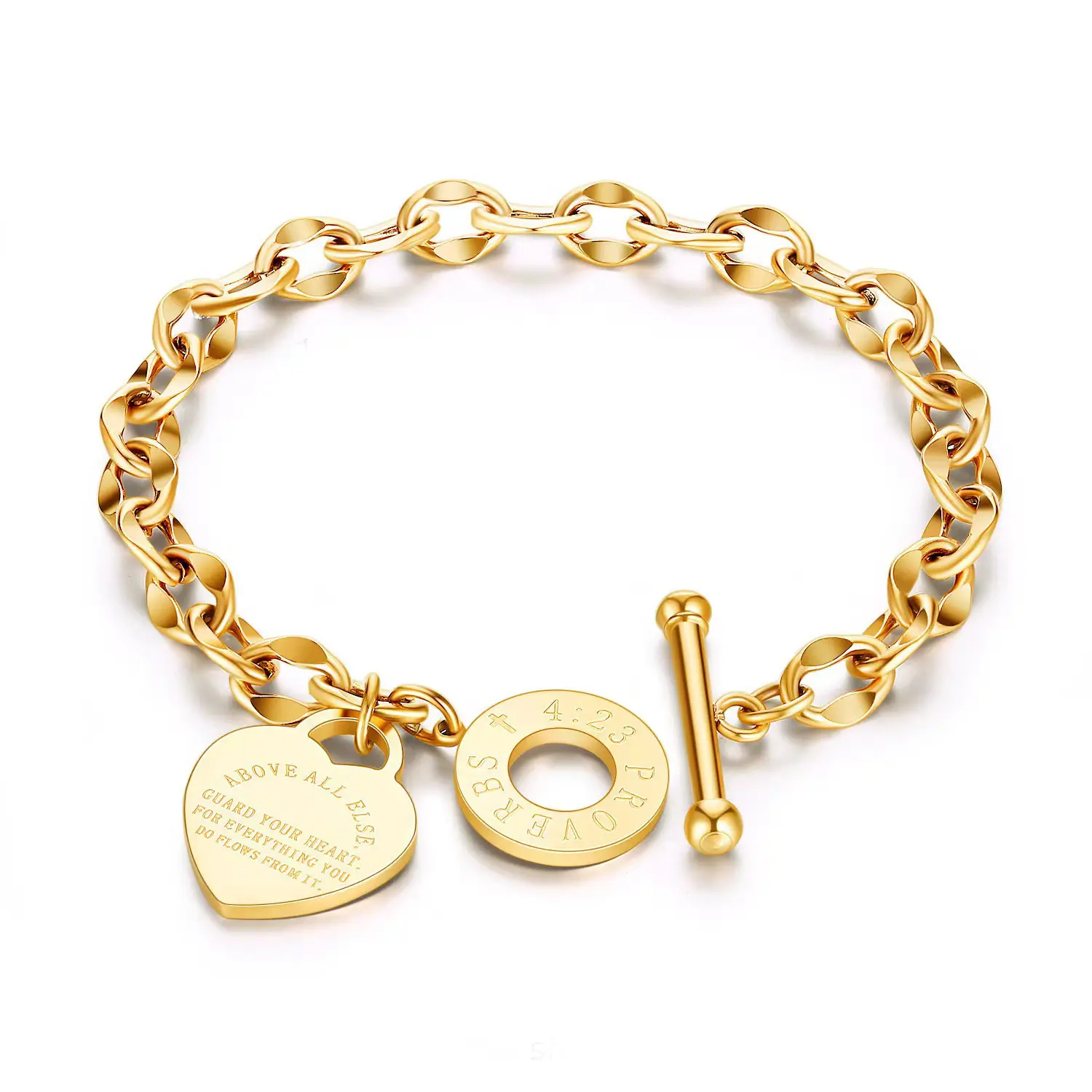 QUEENDO Engraved Heart Charm Toggle Bracelet, Thick Paperclip Link Chain with 2-Style Heart Pendants, Gold-Silver Multi-Color Adjustable OT-Clasp Stackable Wrist Ornament, Daily-Party Costume Jewelry Gift